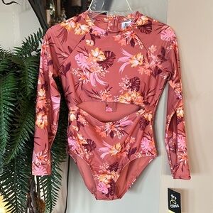 Brand New Art Class UPF 50+ Floral Sun Rash Guard One Piece Swimsuit Long Sleeve